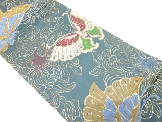 JAPANESE KIMONO / ANTIQUE MARU OBI / SILK / WOVEN BUTTERFLY & KIKU